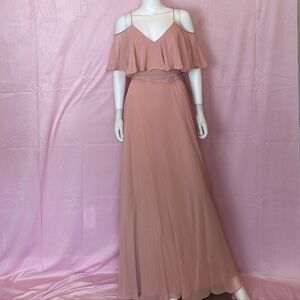 Jenny Packham Bridesmaid Luxe Chiffon V Back Ruffle Sleeve Dress in Desert Rose
